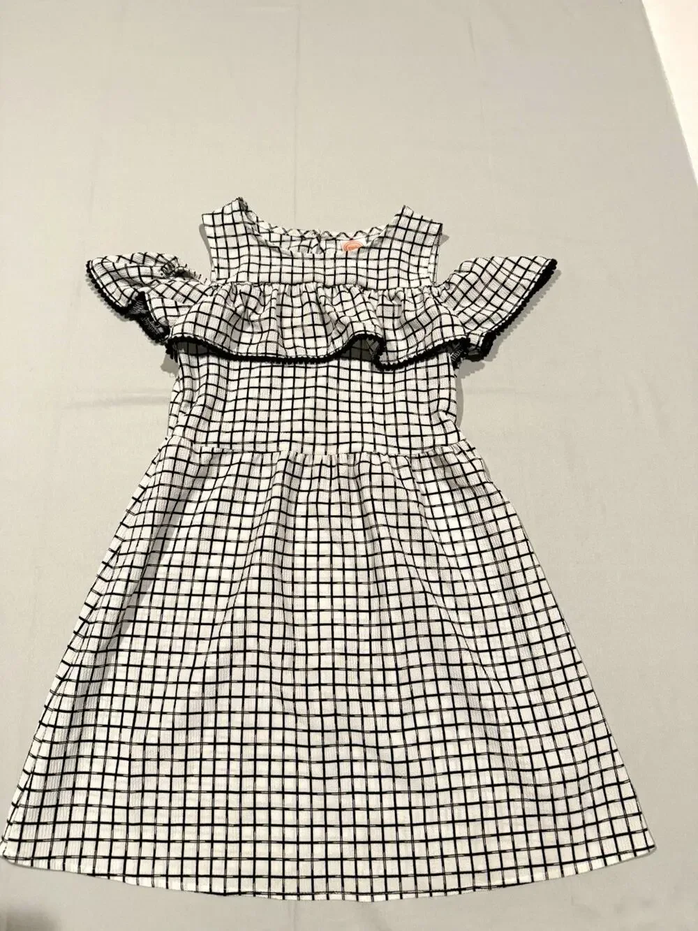 Wonder Nation Girls M (7-8) Black White Check A-Line Cold Shoulder Ruffle Dress